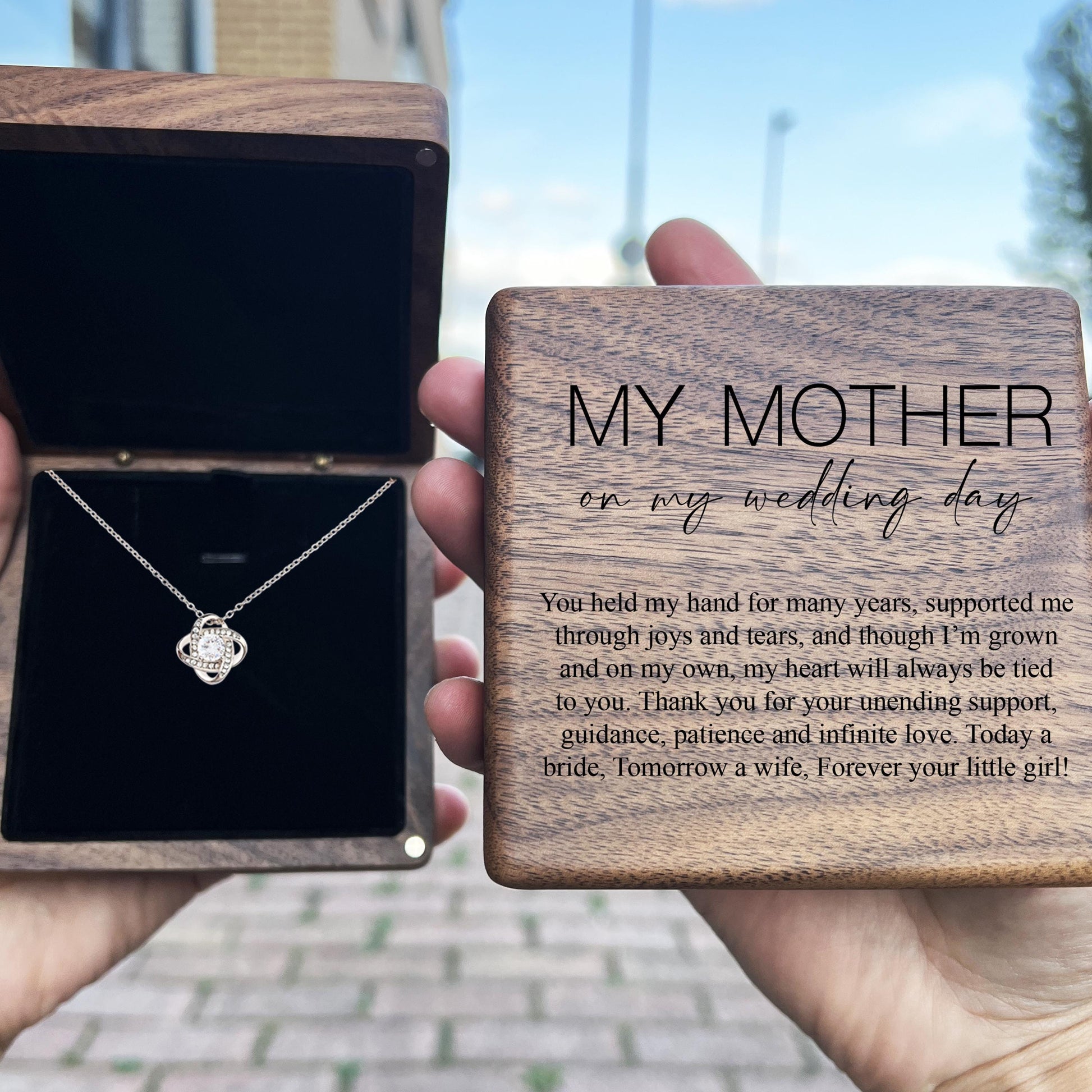 Wedding Day Gift from Daughter to Mother – “Held My Hand” Necklace & Engraved Box