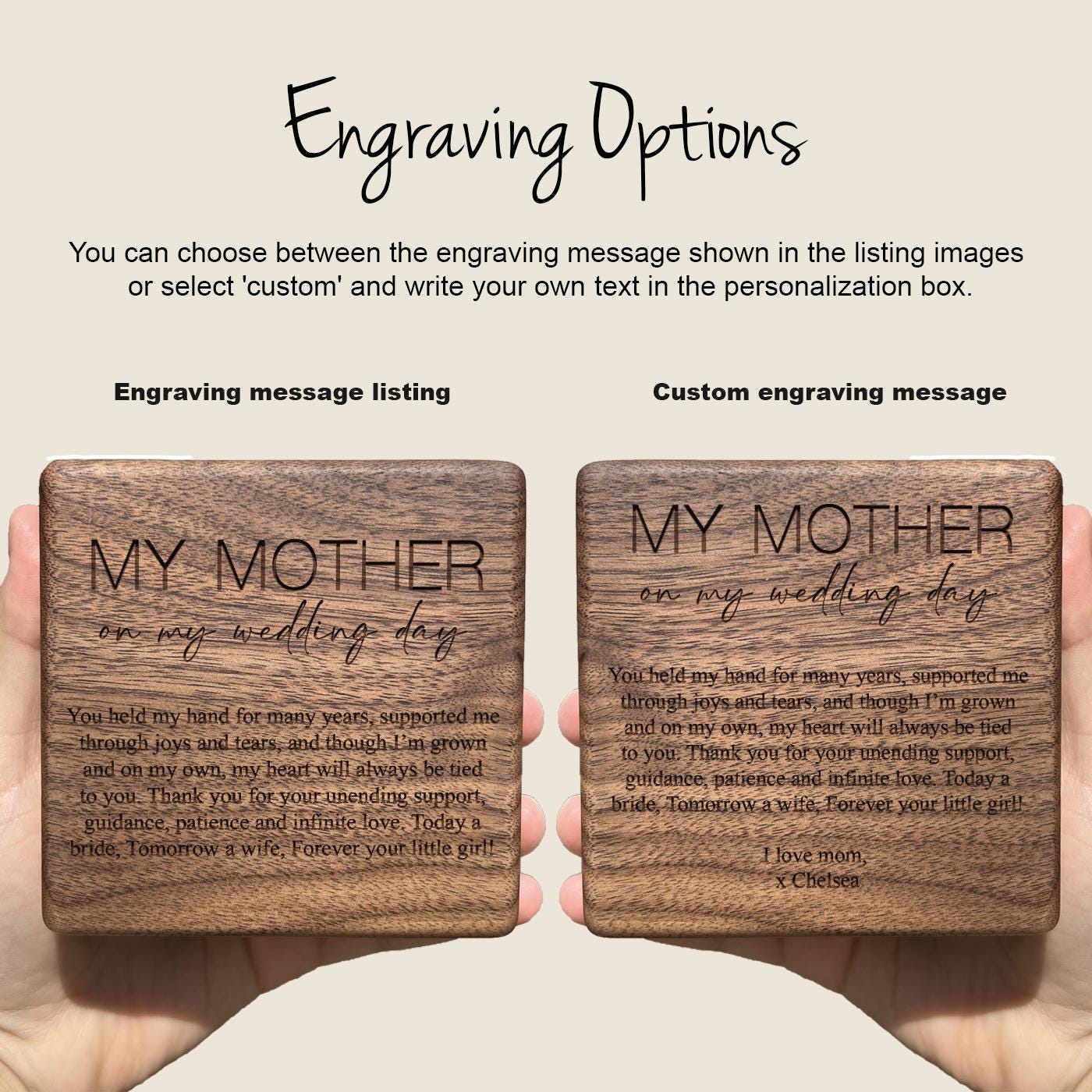 Wedding Day Gift from Daughter to Mother – “Held My Hand” Necklace & Engraved Box