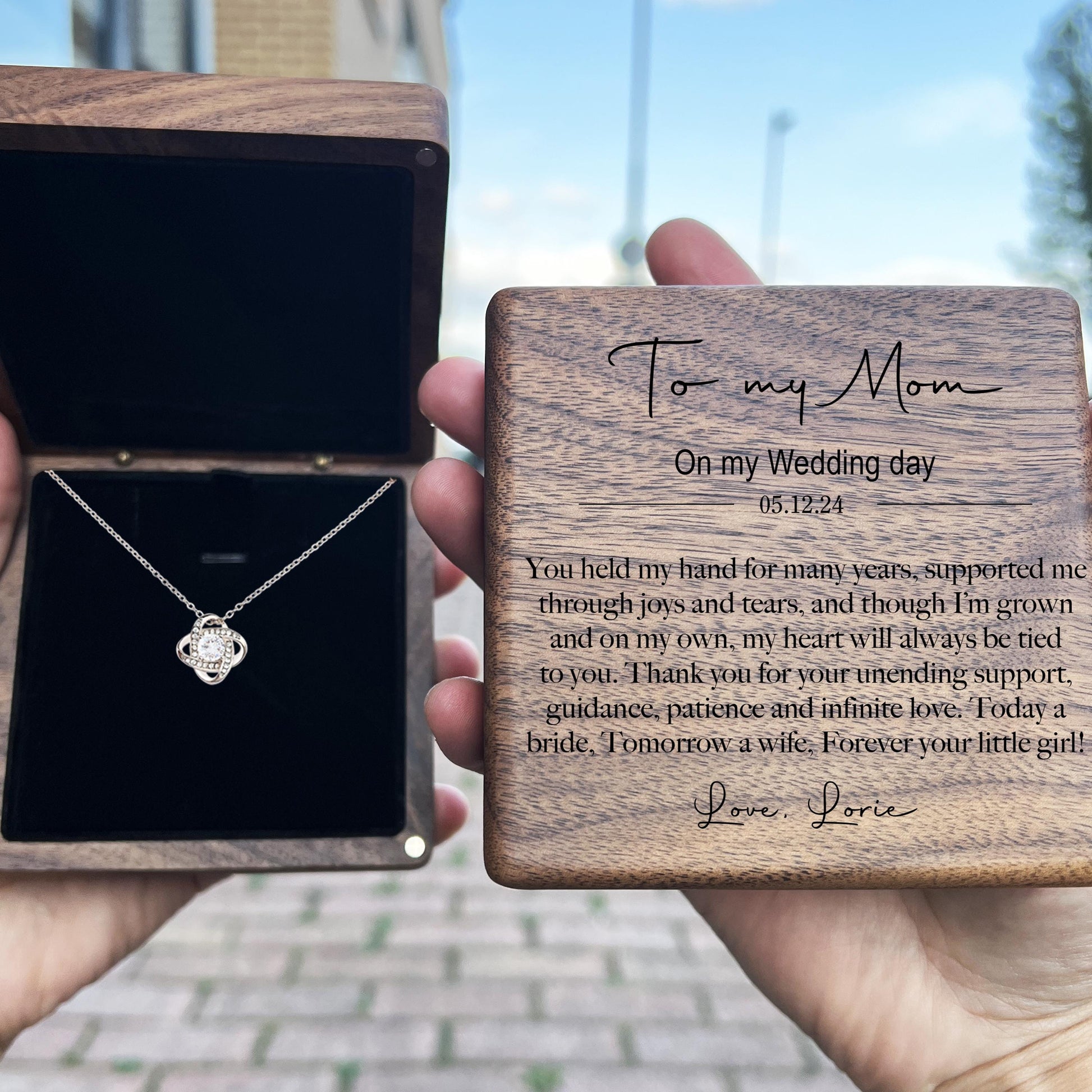 Personalized Wedding Day Gift from Daughter to Mother – “To My Mom on My Wedding Day” Necklace & Engraved Box