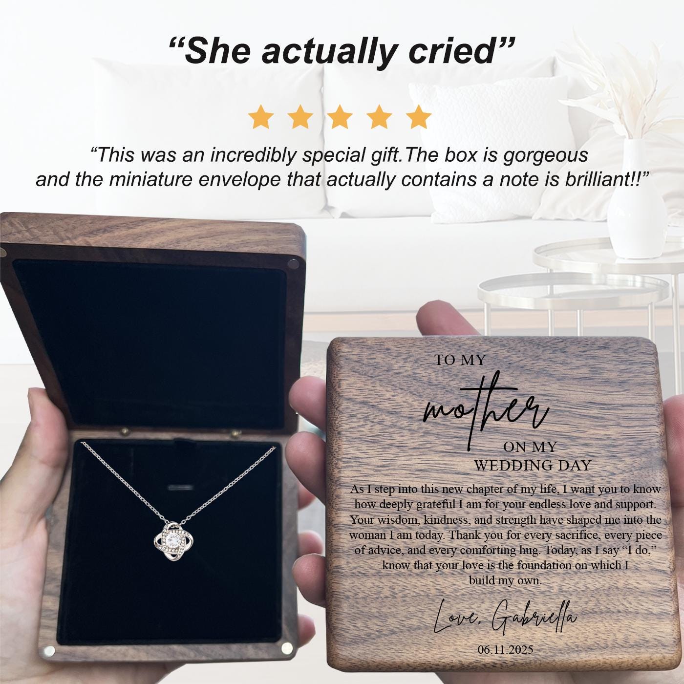 Personalized Wedding Day Gift from Daughter to Mother – “New Chapter” Necklace & Engraved Box