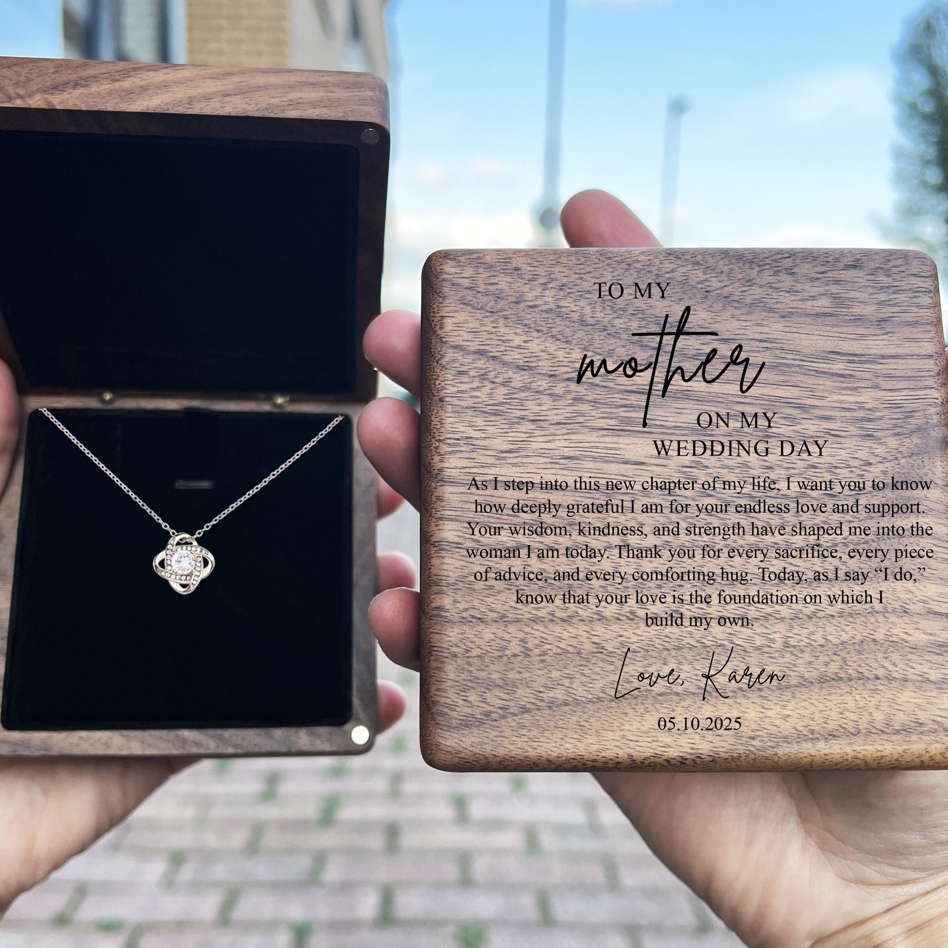 Personalized Wedding Day Gift from Daughter to Mother – “New Chapter” Necklace & Engraved Box