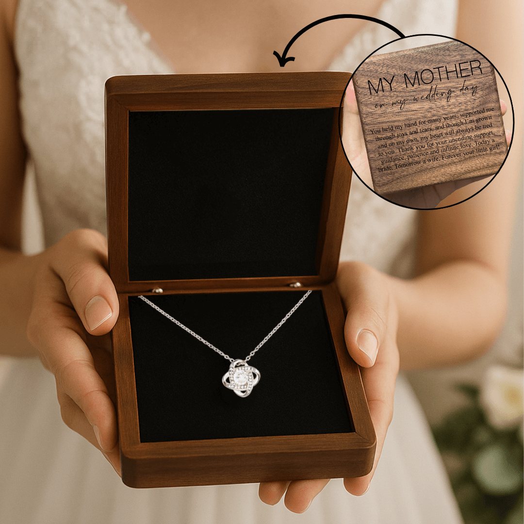 Wedding Day Gift from Daughter to Mother – “Held My Hand” Necklace & Engraved Box